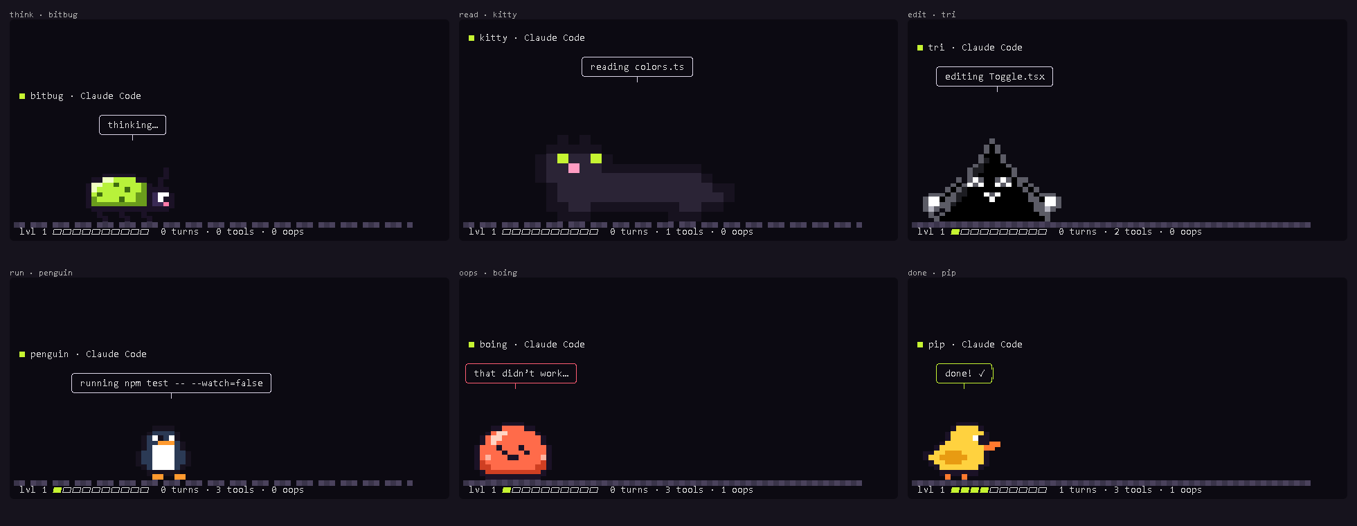 Six terminal panes: a beetle pacing while the agent thinks, a cat reading colors.ts, a triangle editing Toggle.tsx, a penguin running npm test, a red jelly saying that didn't work, a duckling cheering done